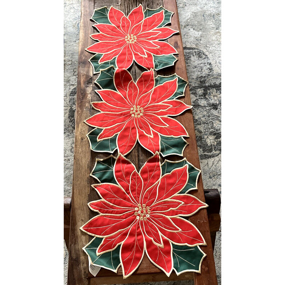 Christmas Holiday Table Runner Embroidered Poinsettia Red Green Holly Leaf - Picture 6 of 6